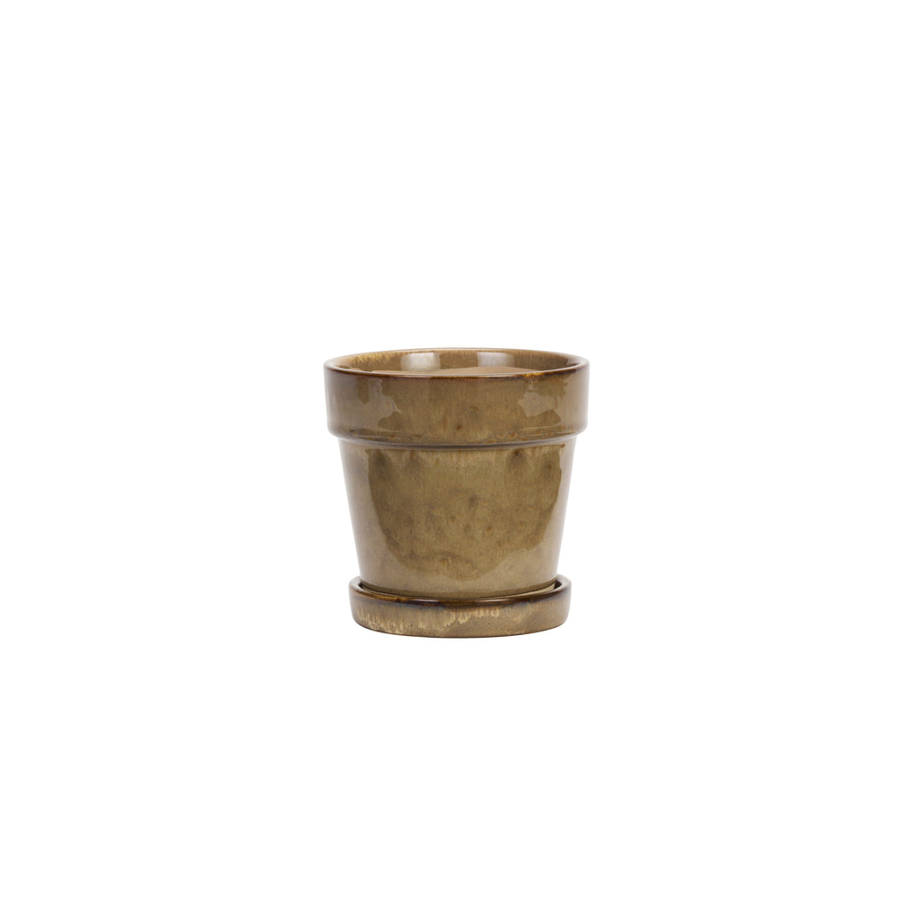 Beige bloempot met schotel van Madam Stoltz, steengoed, diameter 13 cm