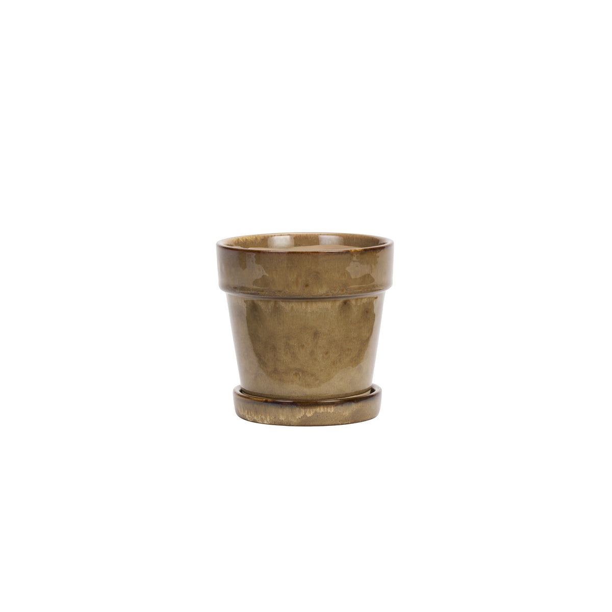Beige bloempot met schotel van Madam Stoltz, steengoed, diameter 13 cm
