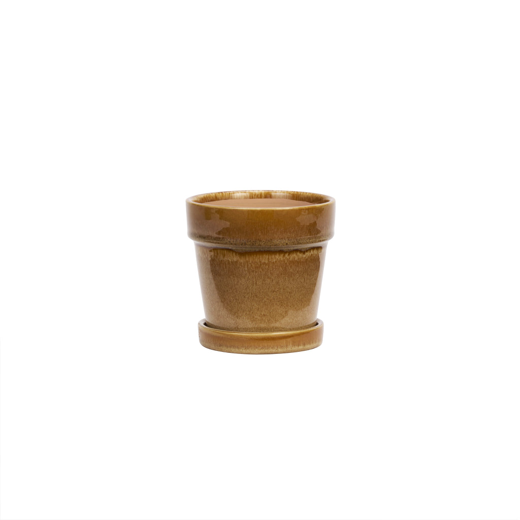 Mosterdgele bloempot met schotel van Madam Stoltz, steengoed, diameter 13 cm
