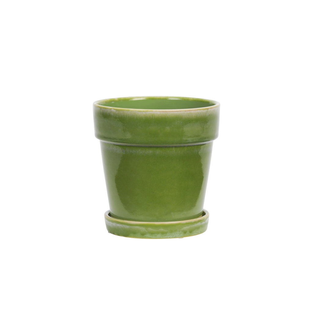 Groene bloempot met schotel van Madam Stoltz, steengoed, diameter 18 cm