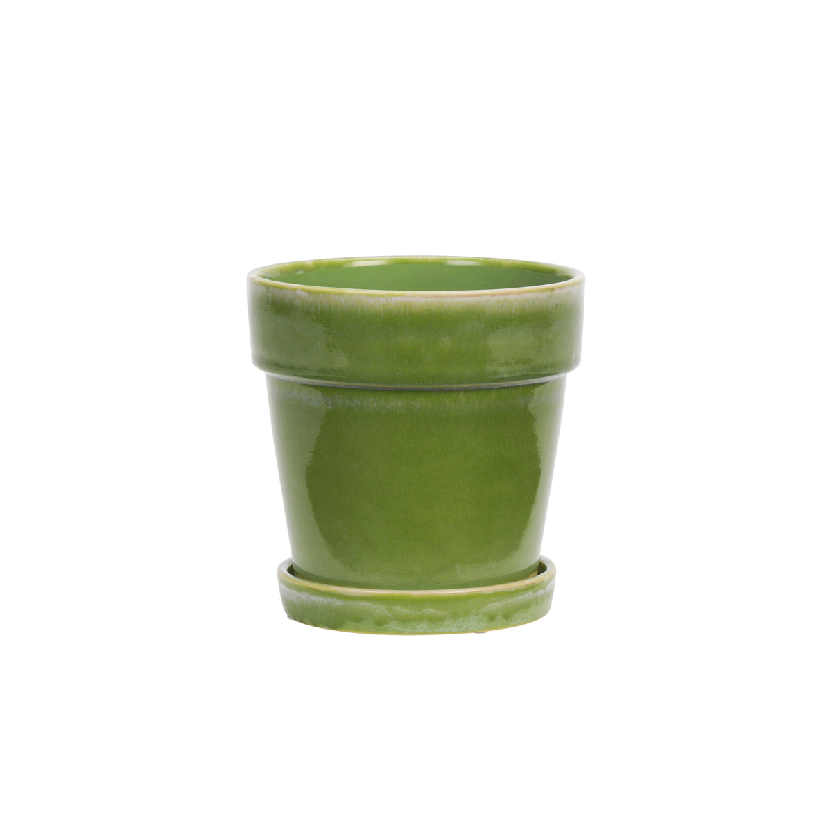 Groene bloempot met schotel van Madam Stoltz, steengoed, diameter 18 cm