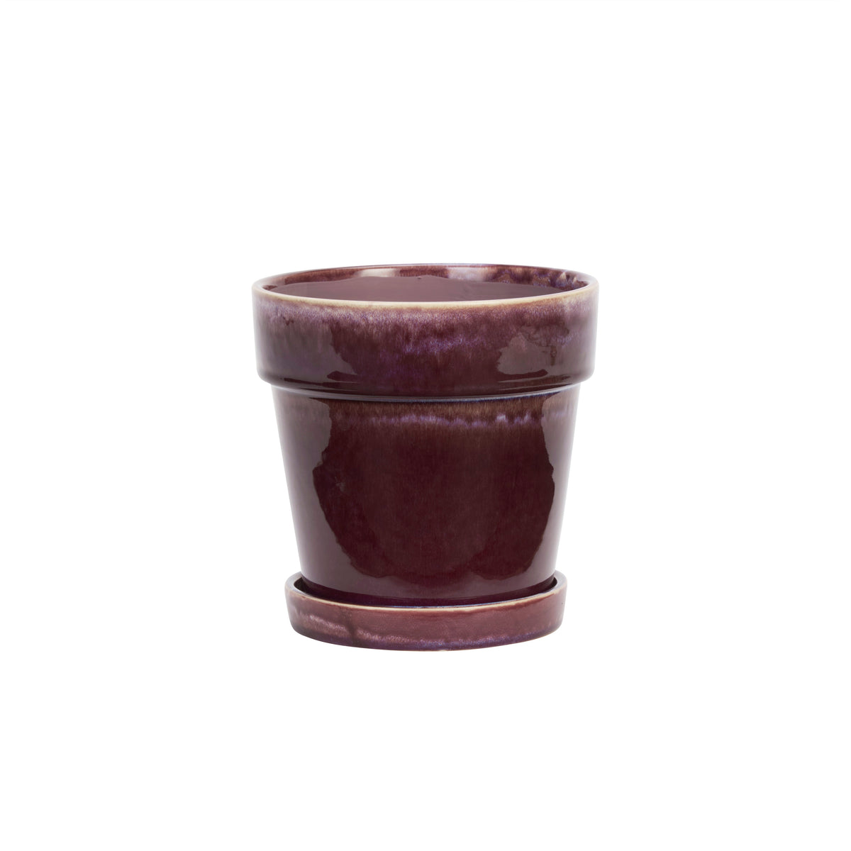 Paarse bloempot met schotel van Madam Stoltz, steengoed, diameter 18 cm