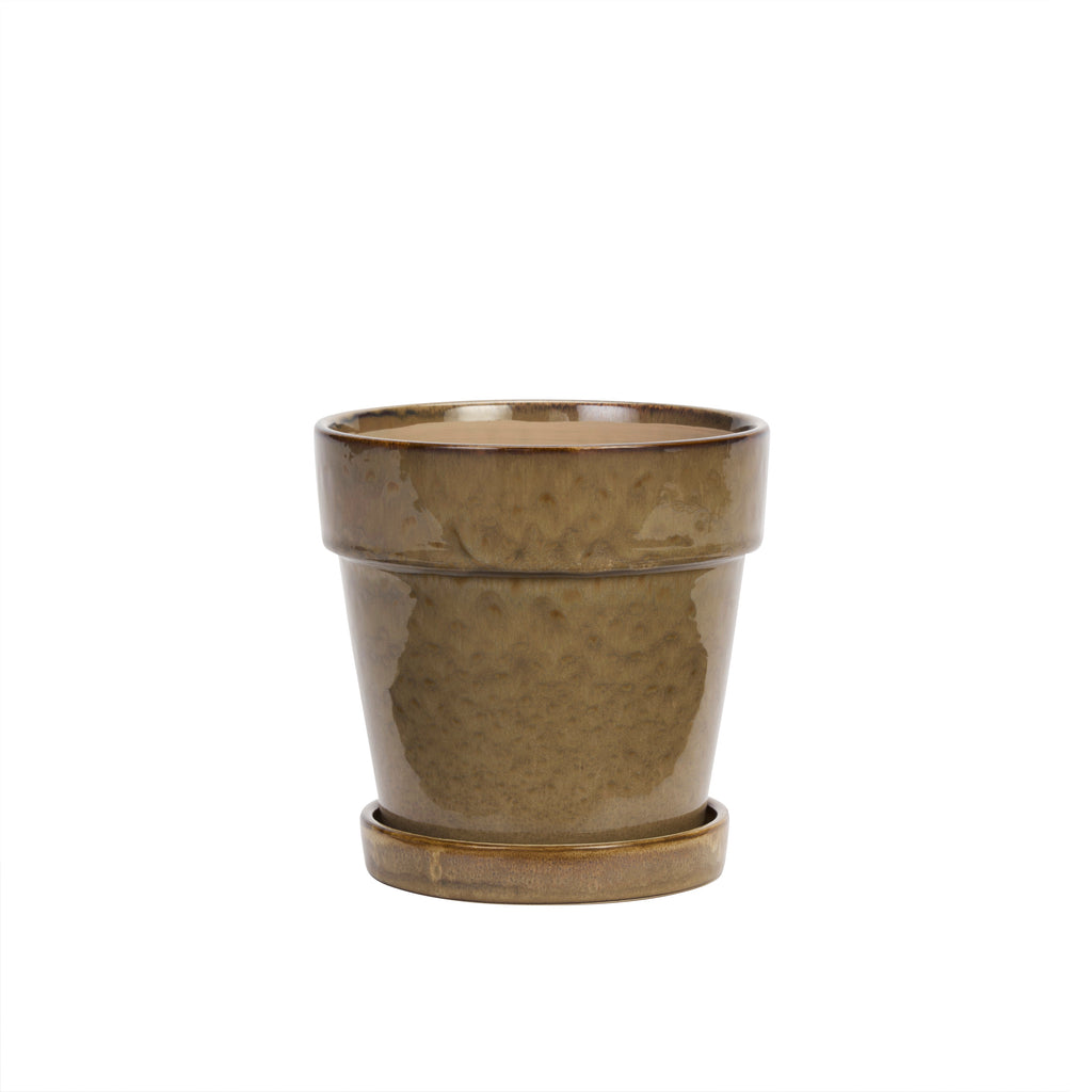 Beige bloempot met schotel van Madam Stoltz, steengoed, diameter 18 cm