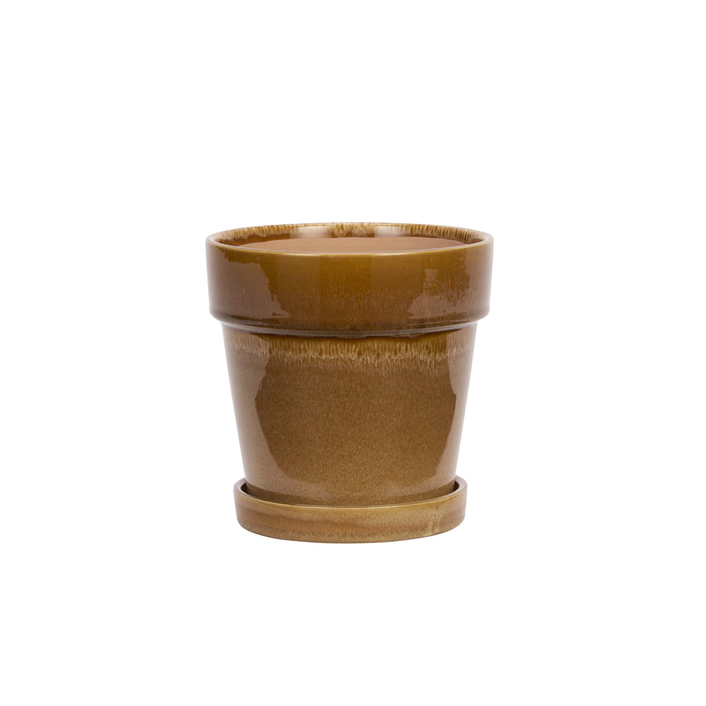 Mosterdgele bloempot met schotel van Madam Stoltz, steengoed, diameter 18 cm