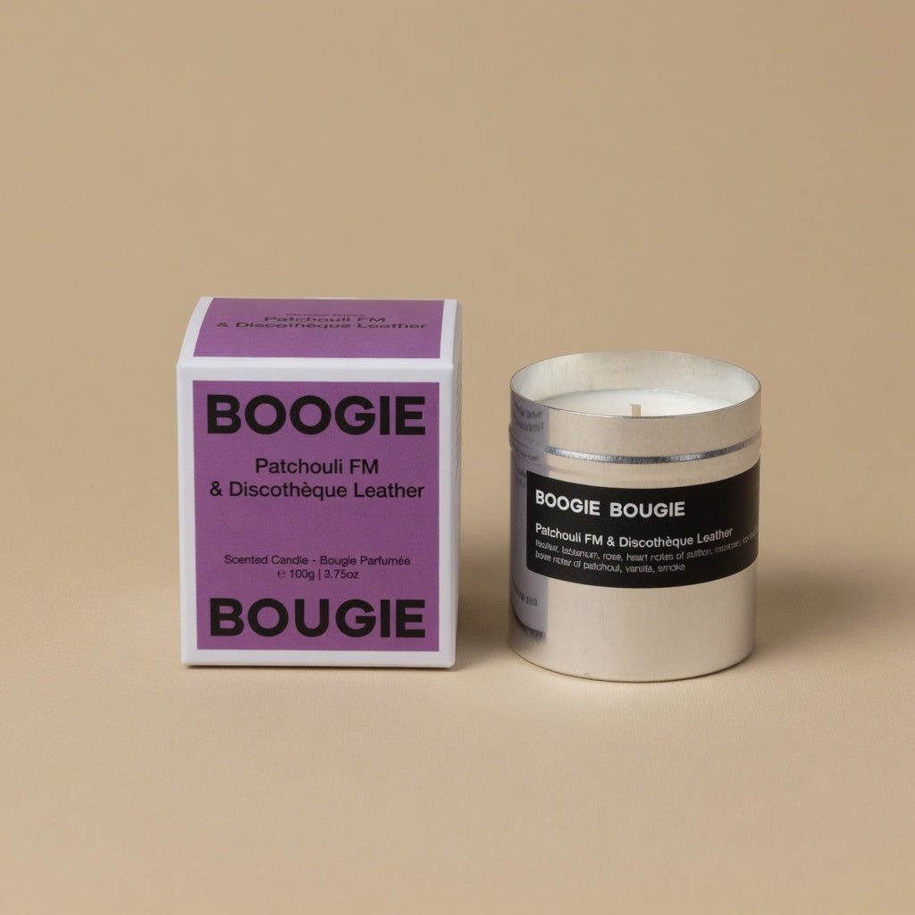 Boogie Bougie Patchouli FM & Discothèque Leather, chroom geurkaars 100 g met doos, beige studio