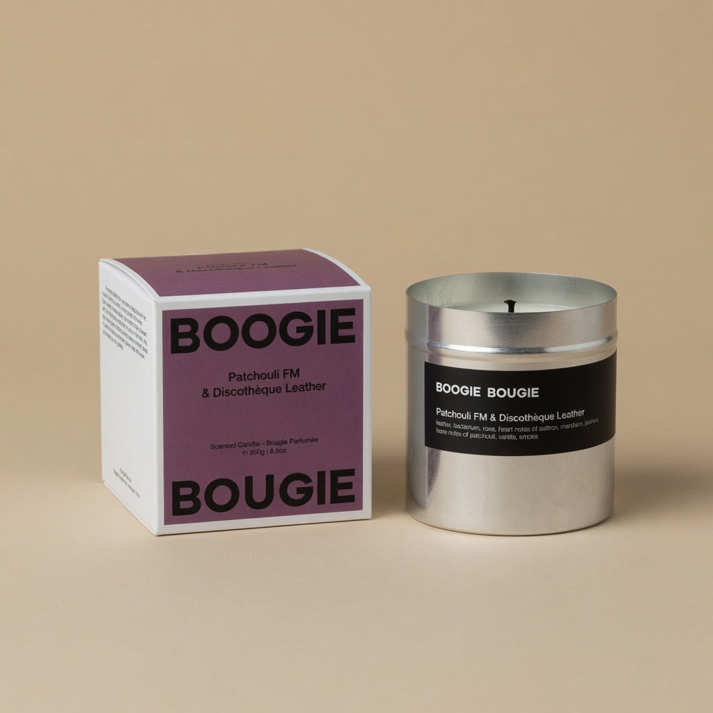 Boogie Bougie Patchouli FM & Discothèque Leather, chroom geurkaars 250 g met doos, beige studio