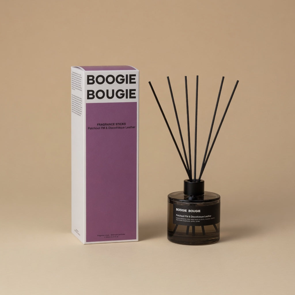 Boogie Bougie Patchouli FM & Discothèque Leather, geurstokjes 200 ml met doos, beige studio