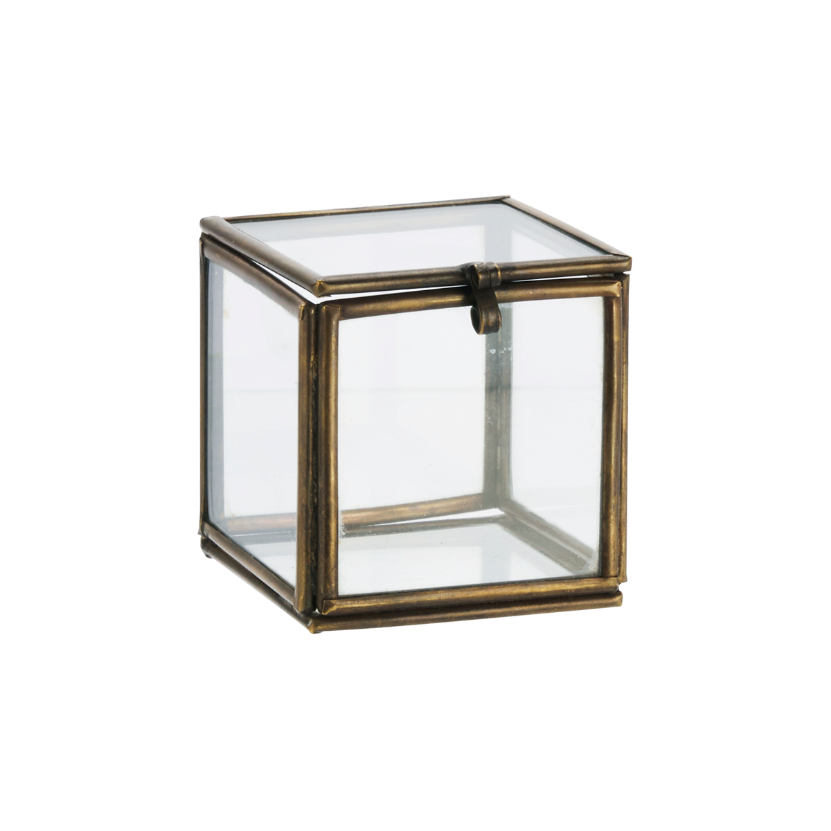 Glazen doosje verouderd messing 5x5x5 – Madam Stoltz