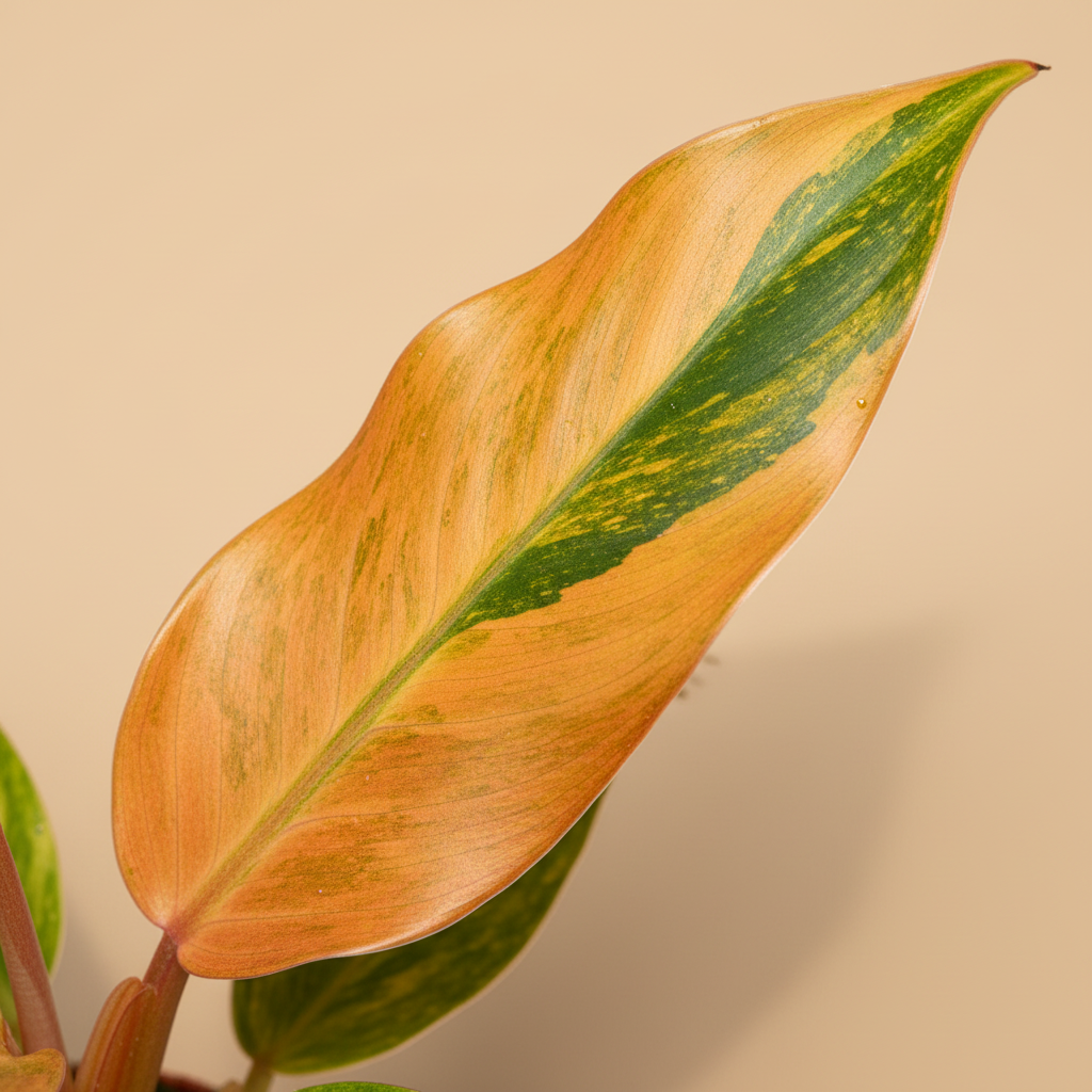 Philodendron 'Orange Marmalade' close-up blad op warme beige studioachtergrond
