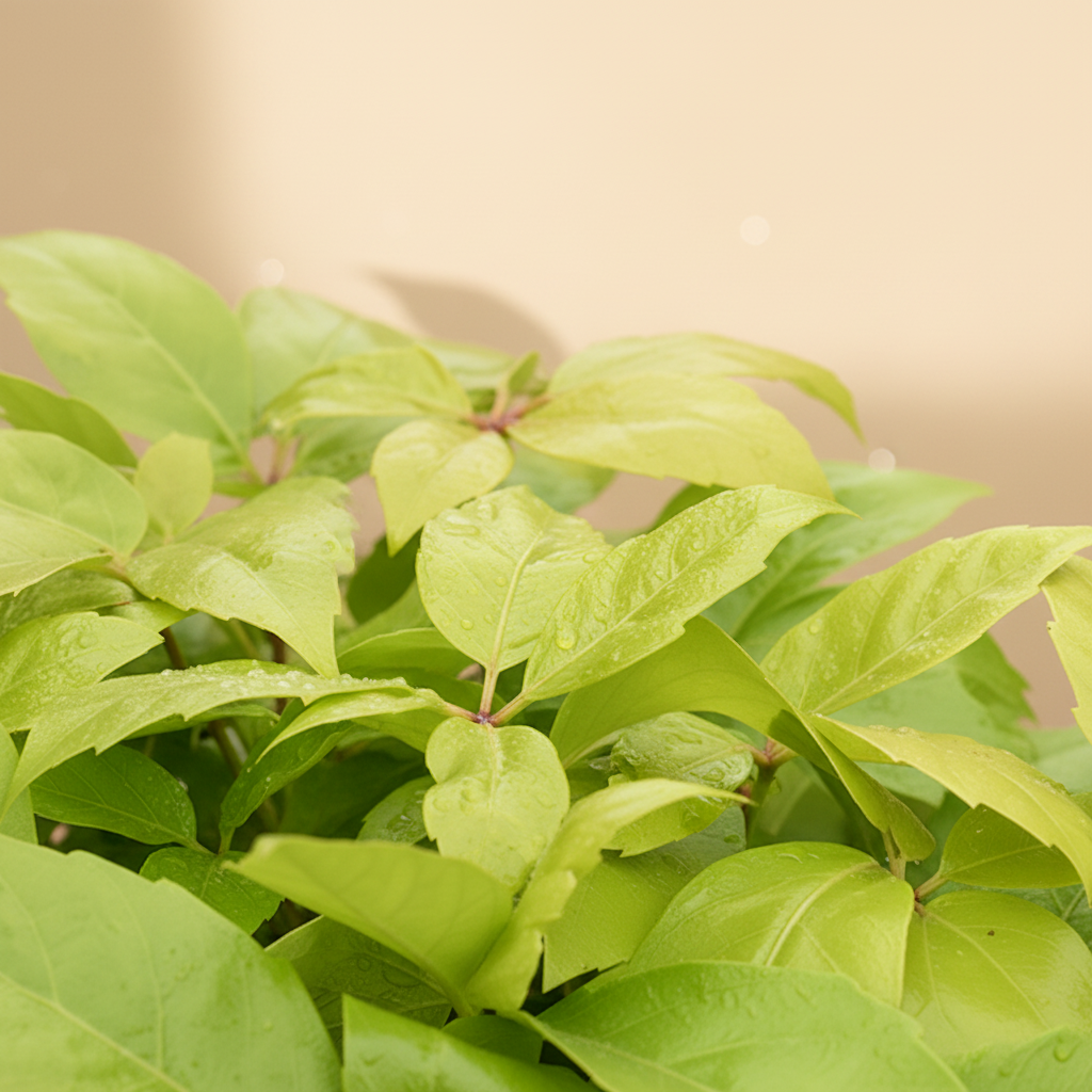Schefflera actinophylla 'Golden Amate' – bladclose-up