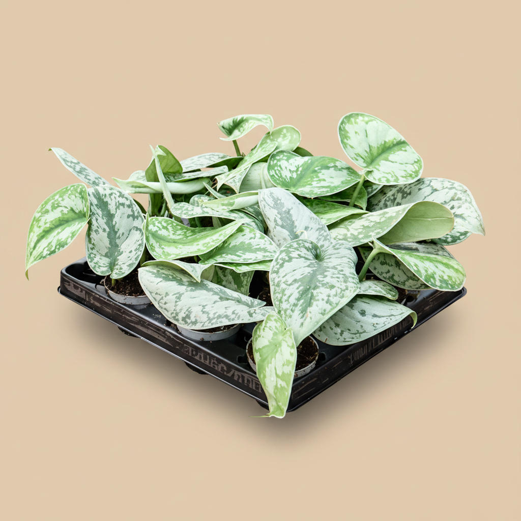 Scindapsus pictus – warme beige studioachtergrond