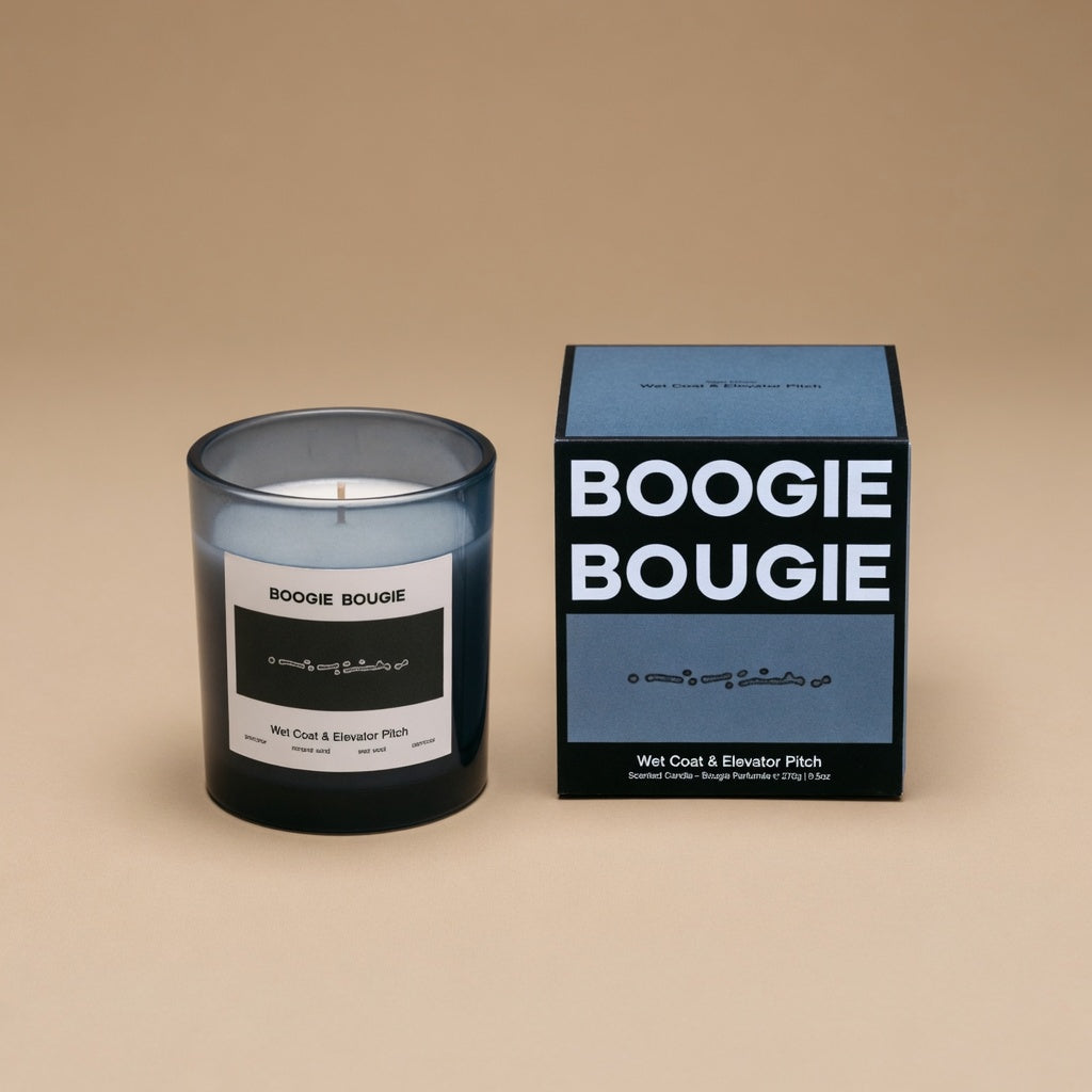 Boogie Bougie Wet Coat & Elevator Pitch, glazen geurkaars 270 g met doos, beige studio