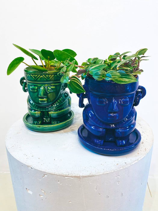 Glazed blue/green Muisca man pot D9